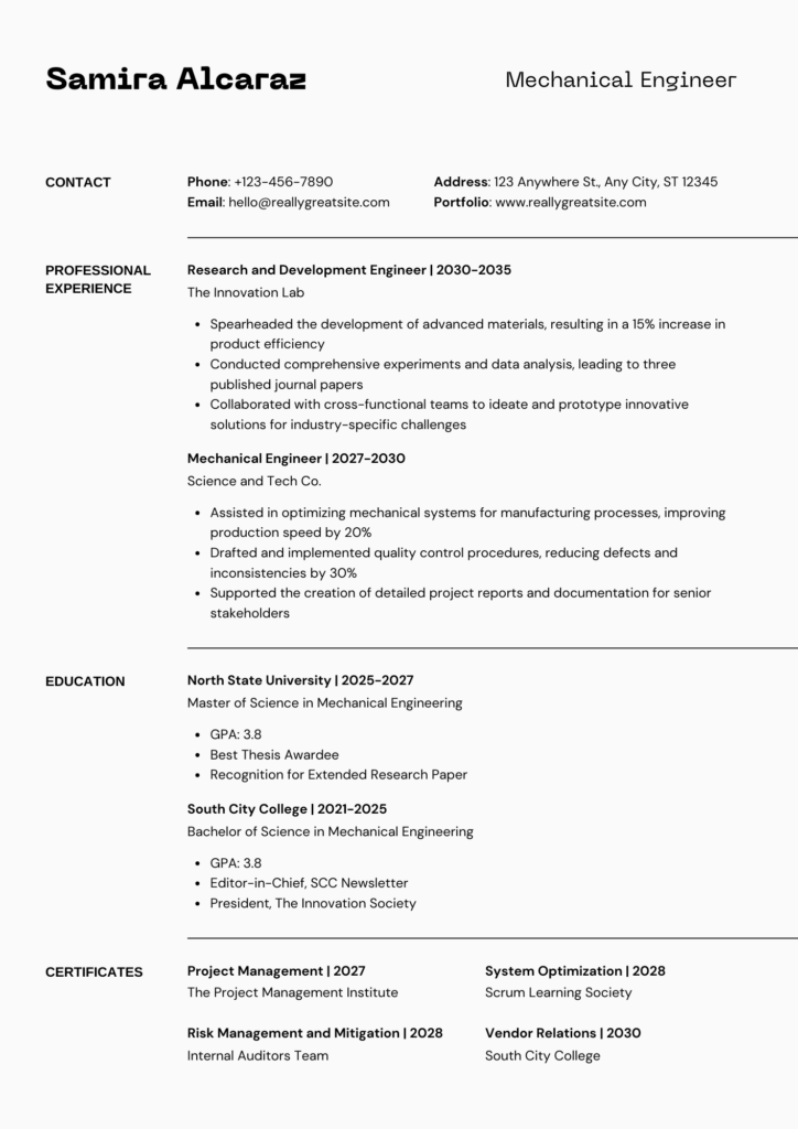 CV for Mechanical Engineer